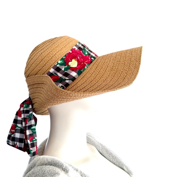Betsey Johnson Wide Brim Straw Sun Hat with Gingham & Floral Ribbon - Picture 6 of 10